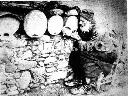 Μοναχός στον Άγιο Ηρακλείδιο που καπνίζει το μελισσιώνα του με σπασμένο πήλινο αγγείο (από το λεύκωμα Ohnefalsch-Richter, Πολιτιστικό Κέντρο Λαϊκής Τράπεζας Κύπρου). Βλ. Ριζοπούλου-Ηγουμενίδου Ευφροσύνη (2000) 394.